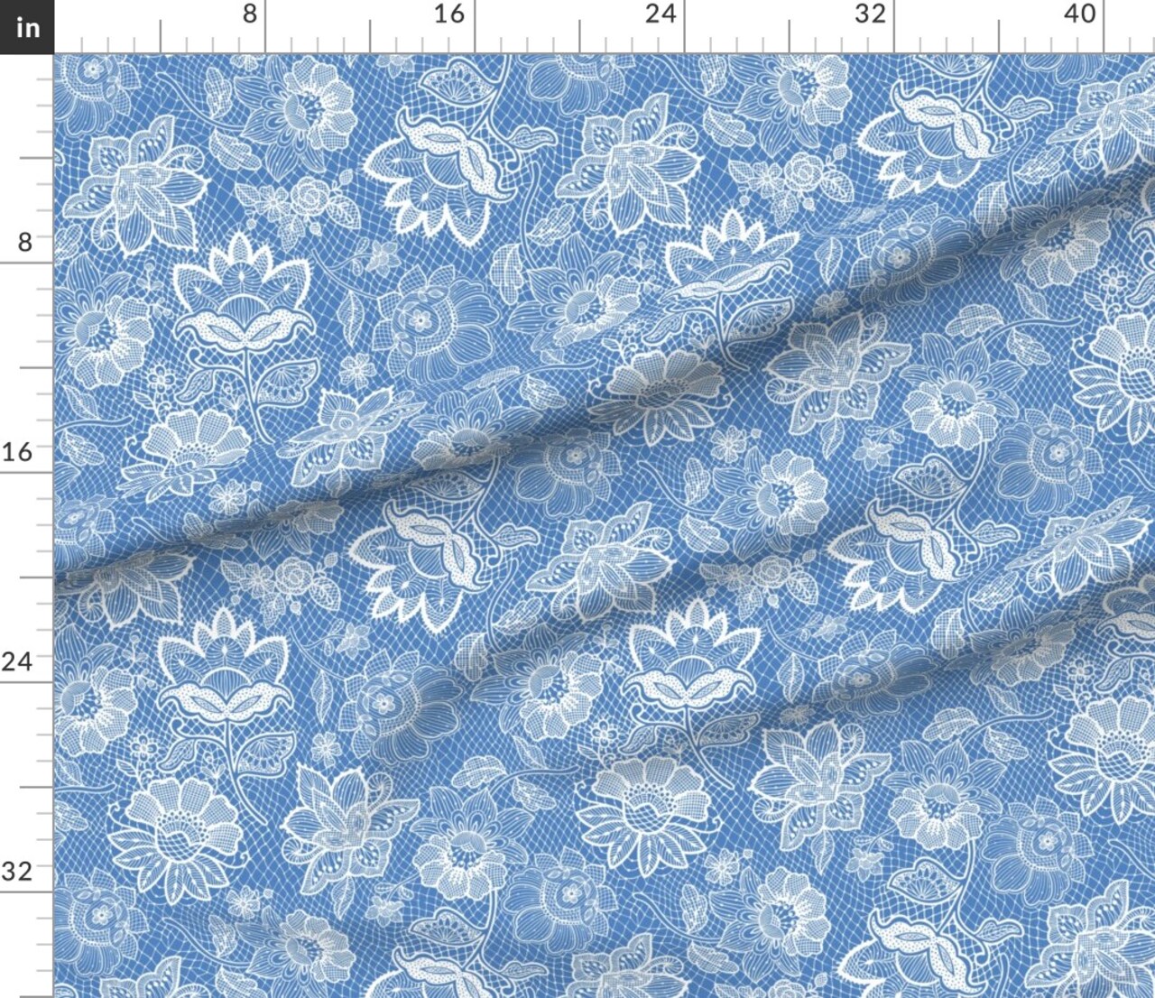 Vintage Blue Flowers Decorative Filigree Crochet Folk Art Rustic Custom Printed Fabric by Spoonflower Various Fabrics by the Yard or Fat Quarter